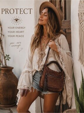Luana Distressed Leather Crossbody Hobo Bag Brown Tassel Boho Rustic Western BBQ